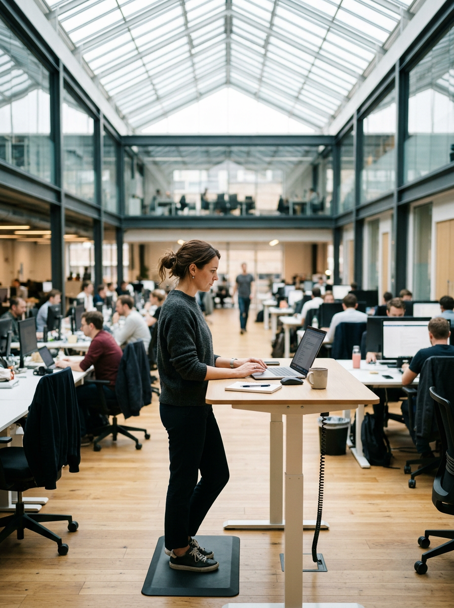 A woman working at a standing desk in a large open-plan office under a glass roof