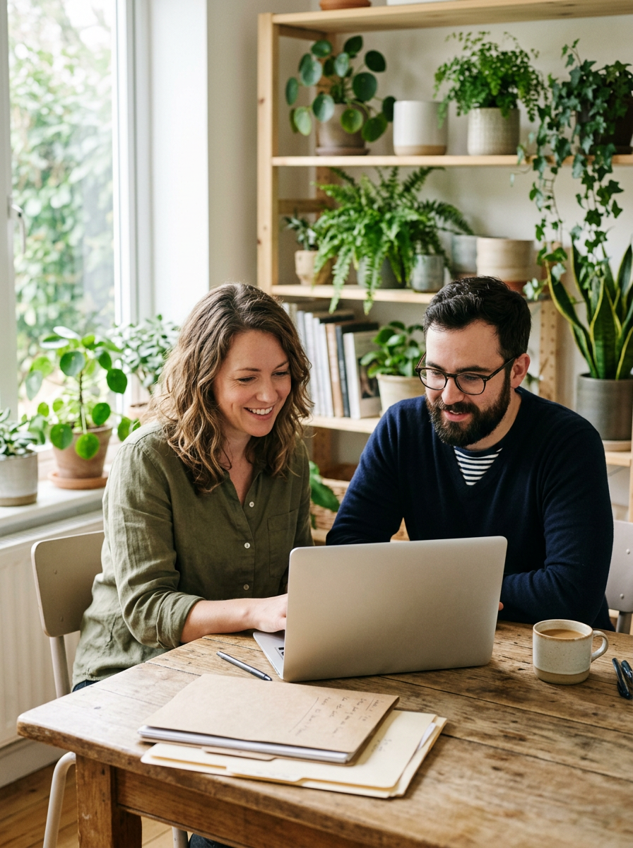 Two colleagues at a wooden table in a plant-filled studio, looking at a laptop together
