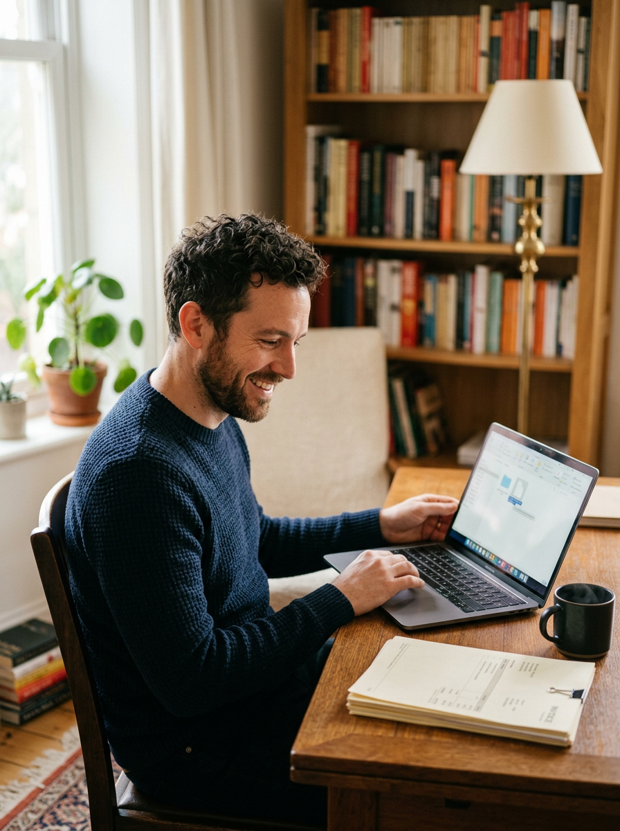 A man smiling at his laptop at a home-office desk, a stack of paper invoices beside him