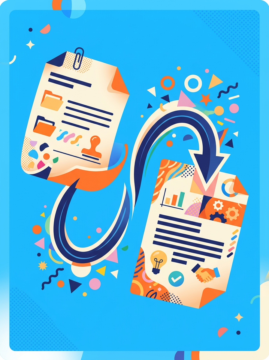 Illustration of one document sheet turning into another along a curved arrow
