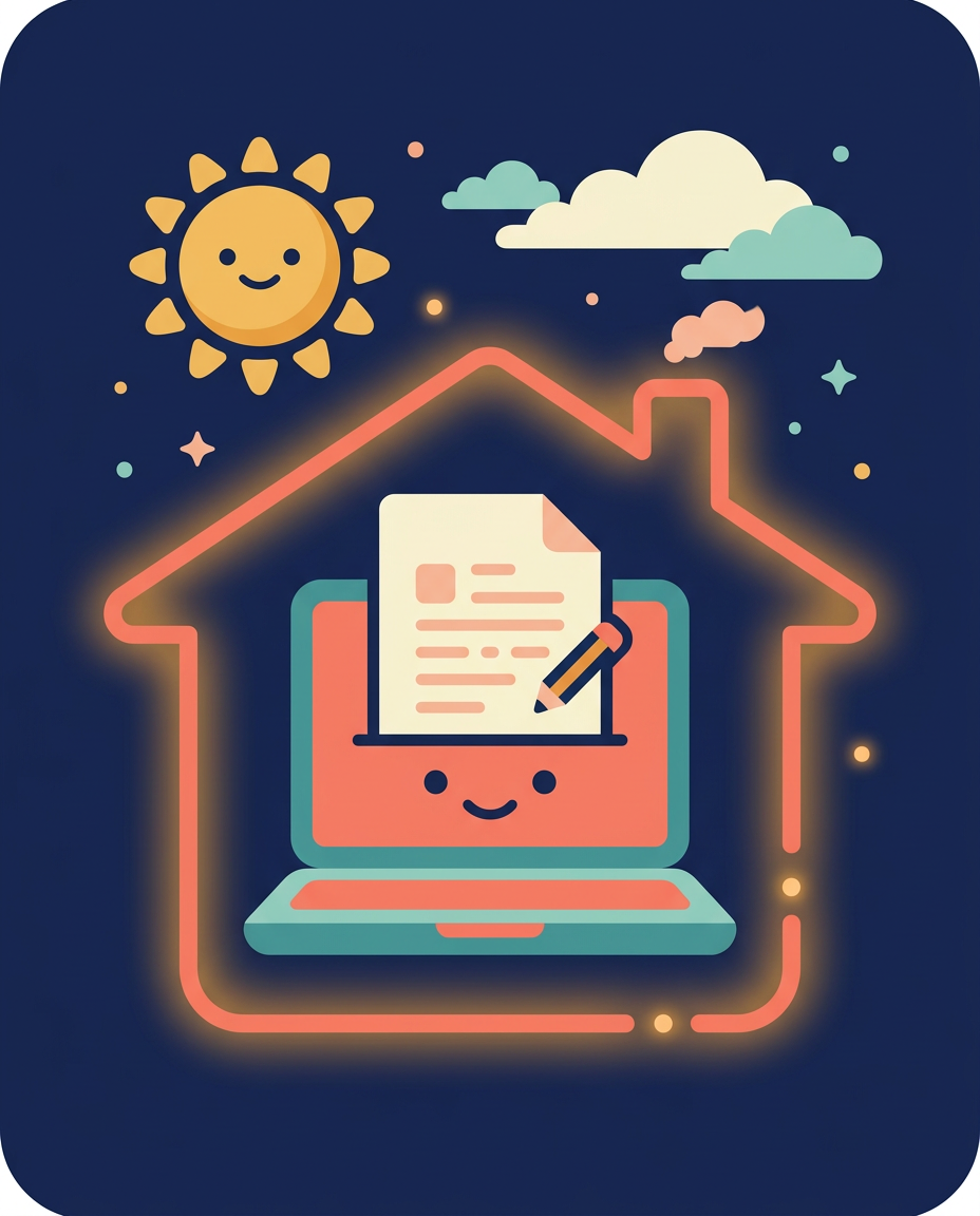 Illustration of a smiling laptop holding a document, protected by a glowing house outline