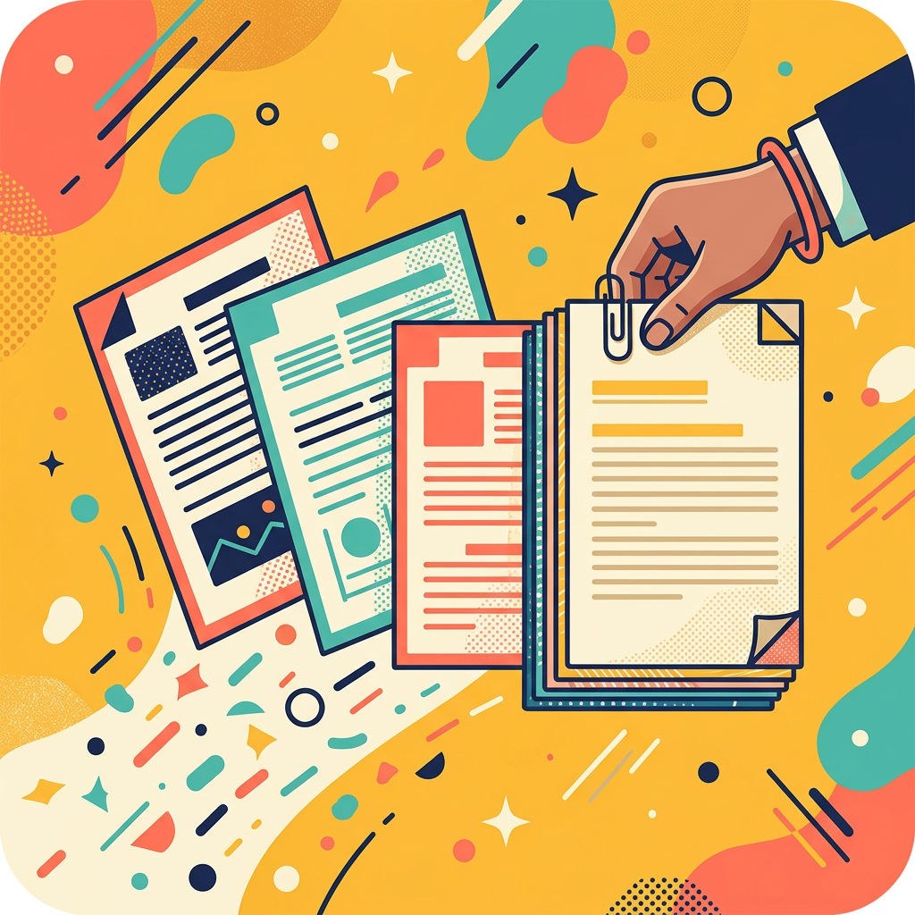 Illustration of a hand clipping several document sheets together into one stack