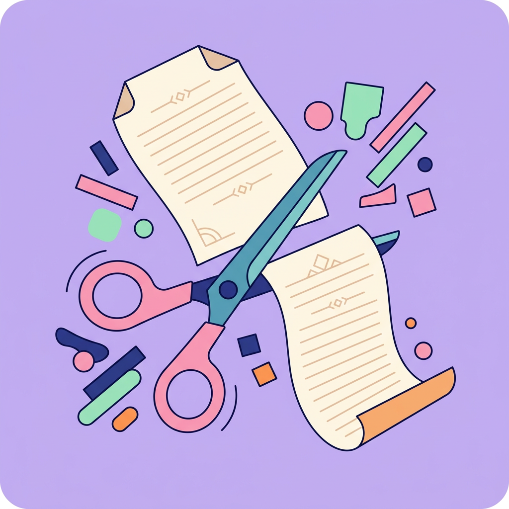 Illustration of scissors cutting a long document sheet in two